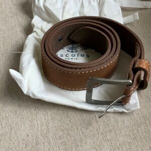 Brown European leather belt, silver buckle. Fits sizes 34-36